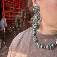 Triple Concho Dangle Earrings with Kingman Turquoise – Sterling Silver, Post Top