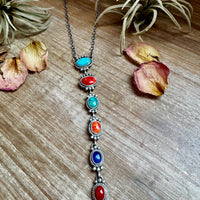 Sterling Silver Lariat Necklace – Native Made – Turquoise, Spiny, & Lapis Charms – One of a Kind