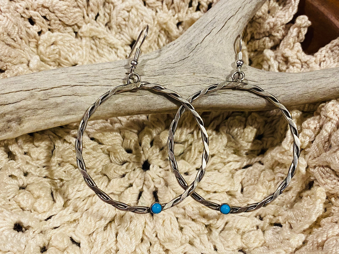 Sterling Silver Twisted Hoops w/Turquoise Dot
