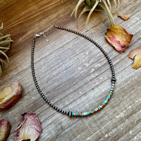 Sterling Silver Pearl Choker with Turquoise & Spiny Oyster Heishi