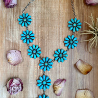 Sterling Silver Kingman Turquoise Flower Lariat Necklace – 25 Inch + 5½ Inch Drop – Native Made by A. Spencer – USA Made