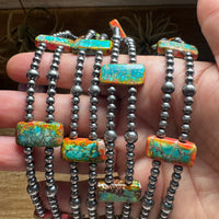 Orange/Turquoise Double Strand Necklace – 13” Beaded – Sterling Silver Pearls & Rectangle Variscite
