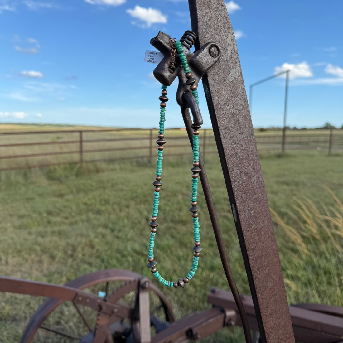 A beaded necklace with turquoise and dark brown beads hangs from a rusted metal clamp on a rustic outdoor fence post, with a grassy field and blue sky in the background.
