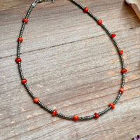 Antique Silver Seed Bead & Dyed Red Coral Choker – 14”