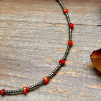 Antique Silver Seed Bead & Dyed Red Coral Choker – 14”