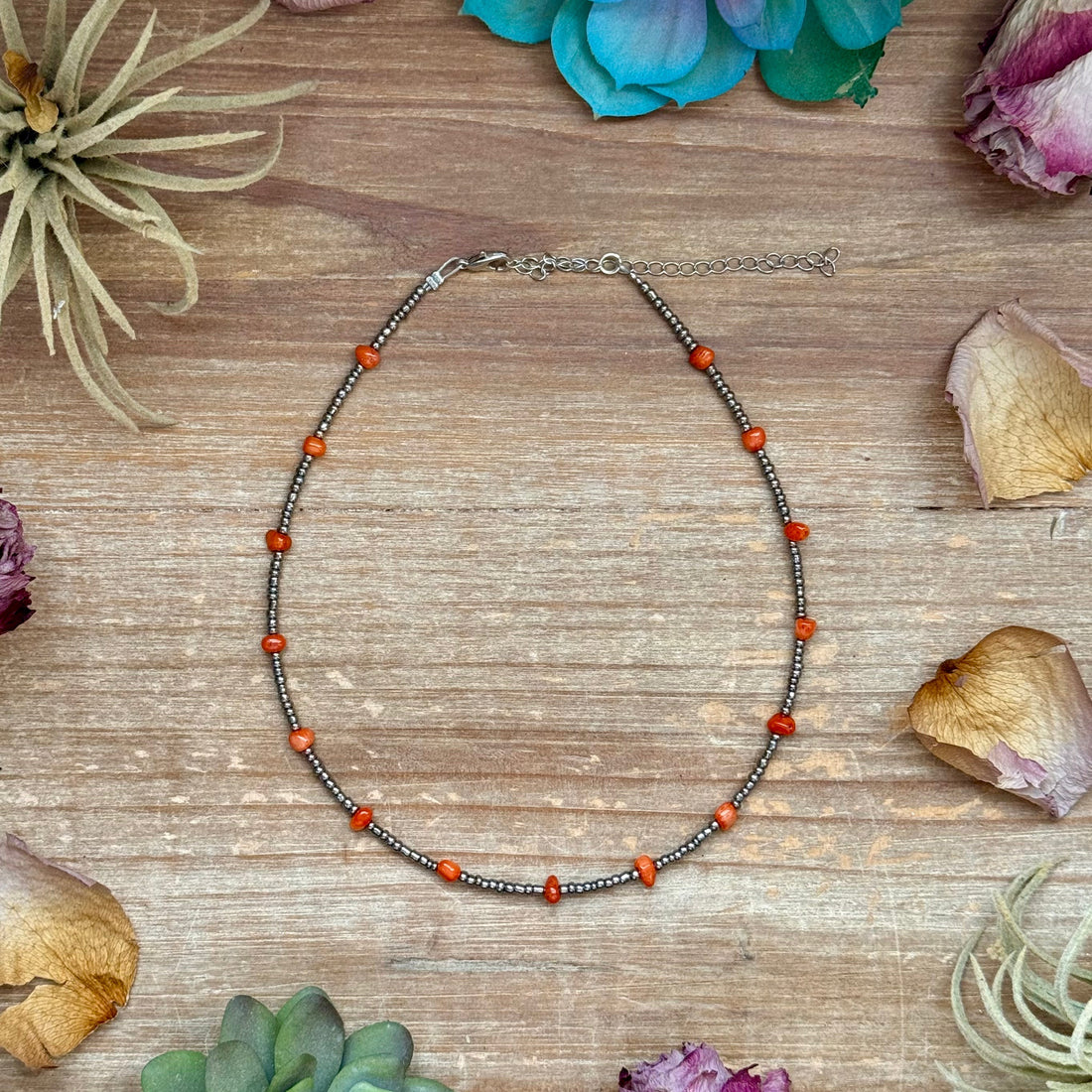 Antique Silver Seed Bead & Dyed Red Coral Choker – 14”