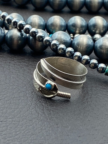 Silver Feather Wrap Ring w/Turquoise Dot