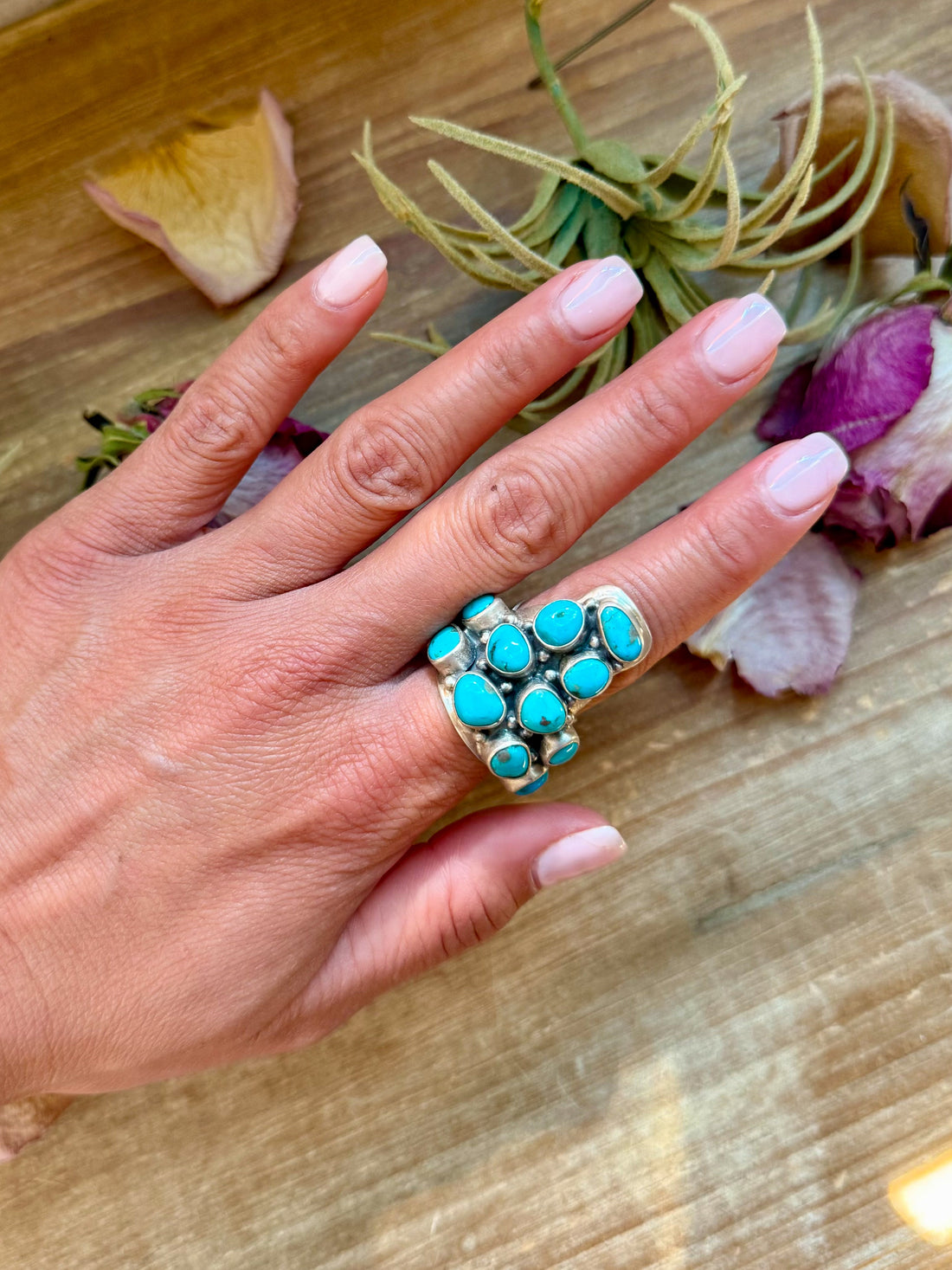 Kingman Turquoise Longhorn Sterling Silver Ring – Adjustable (Fits 8+)