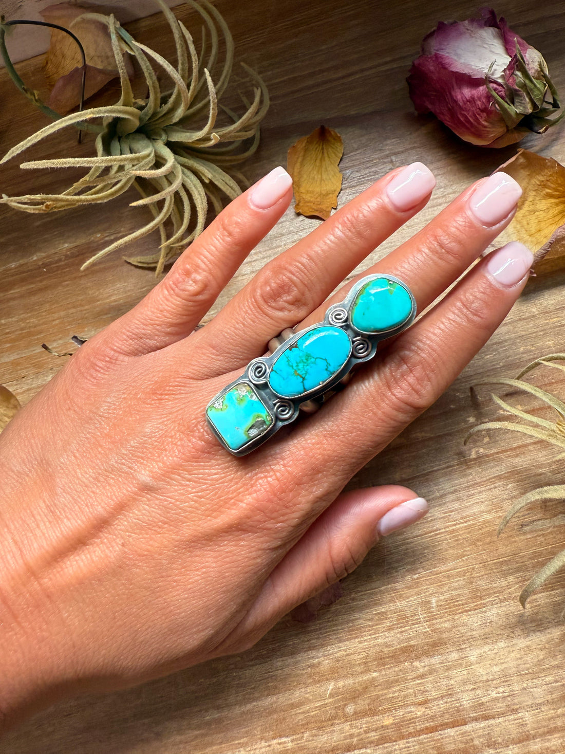 3-Stone Sonoran Turquoise Sterling Silver Ring – Adjustable