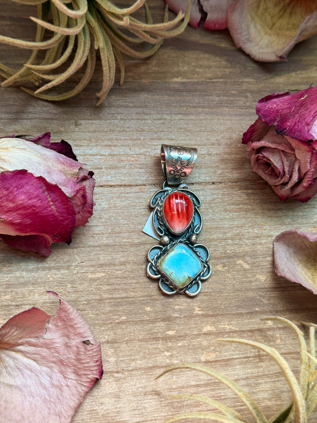 Red Spiny Oyster & Golden Hills Turquoise Sterling Silver Pendant – Stamped Gilbert Nez