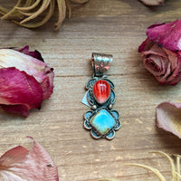 Red Spiny Oyster & Golden Hills Turquoise Sterling Silver Pendant – Stamped Gilbert Nez