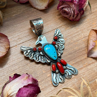 Thunderbird Pendant – Red Coral & Turquoise – Stamped Richard Yazzie