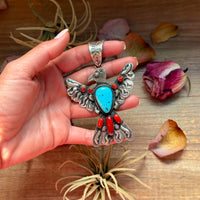 Thunderbird Pendant – Red Coral & Turquoise – Stamped Richard Yazzie