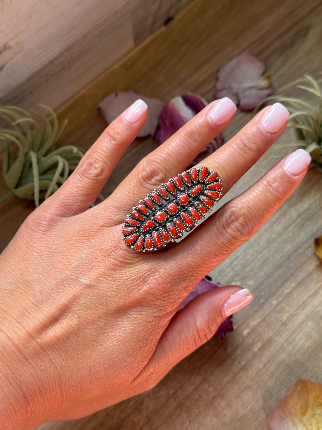 Red Coral Cluster Sterling Silver Ring – Size 9