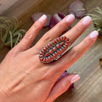 Red Coral Cluster Sterling Silver Ring – Size 9