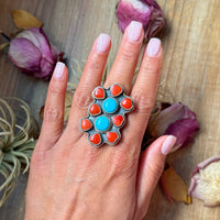 Red Coral & Kingman Turquoise Sterling Silver Ring – Adjustable