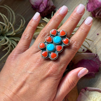 Red Coral & Kingman Turquoise Sterling Silver Ring – Adjustable