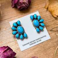 Sterling Silver Kingman Turquoise Half Cluster Earrings – Native Made by E. Richards (Navajo Artist)
