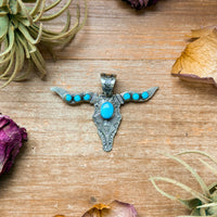 Sterling Silver Longhorn Pendant with Golden Hill Turquoise – Native Made by Leroy James (Navajo Artist)