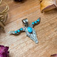Sterling Silver Longhorn Pendant with Golden Hill Turquoise – Native Made by Leroy James (Navajo Artist)