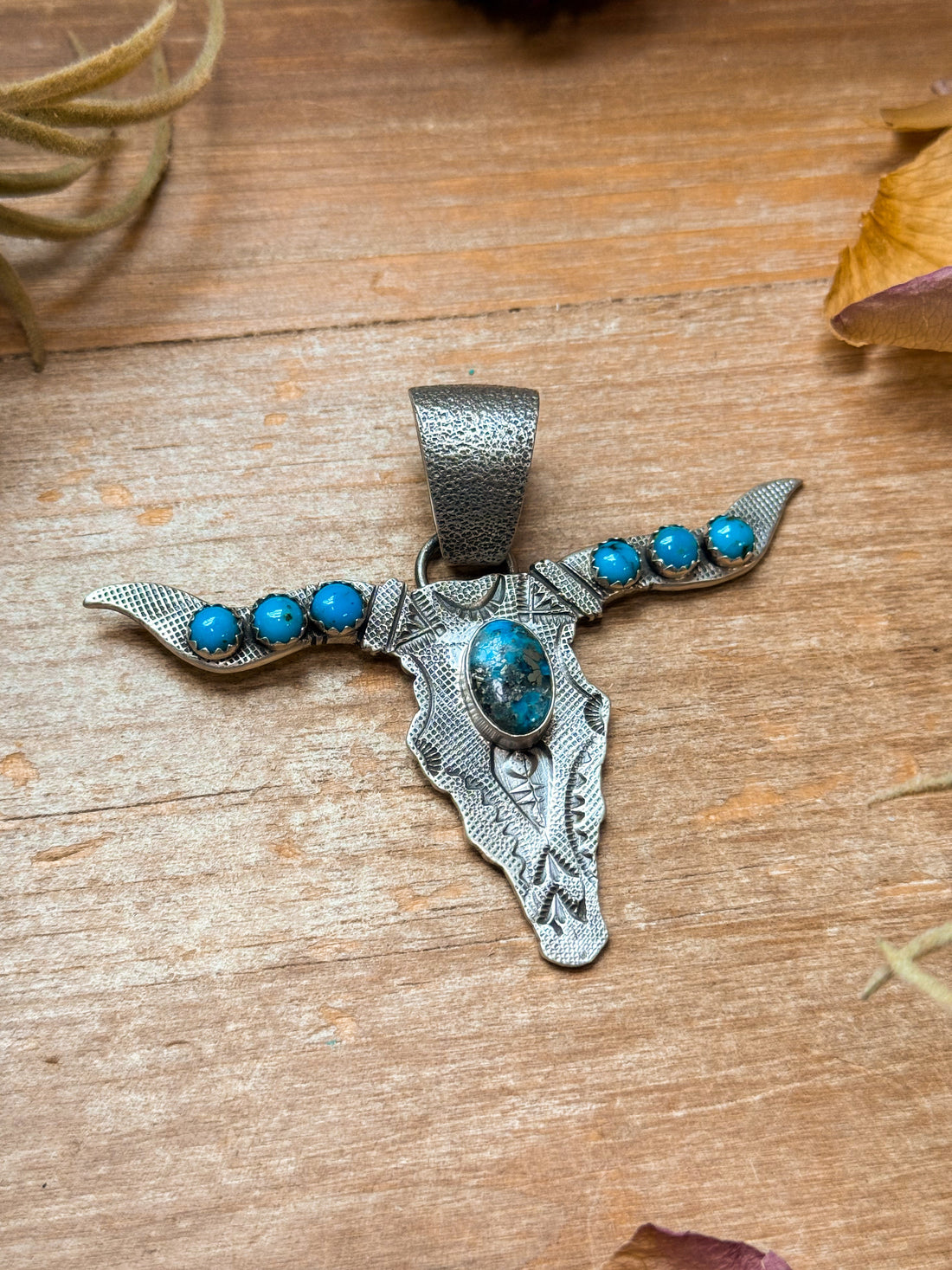 Sterling Silver Longhorn Pendant with Kingman Turquoise – Native Made by Leroy James (Navajo Artist)