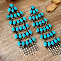 Sterling Silver Kingman Turquoise Dangle Earrings – 5 Inch Statement Design – Native Made by Geraldine James – Navajo Handmade