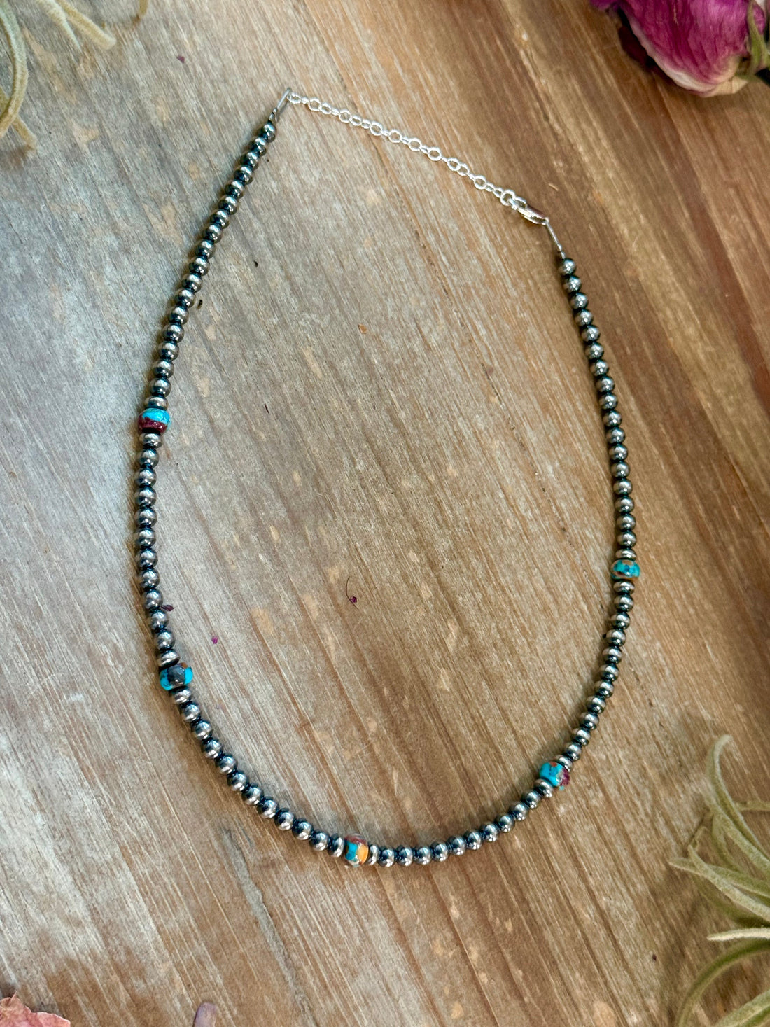 Mohave & Sterling Silver Beaded Necklace – 4 mm Sterling + 6 mm Mohave