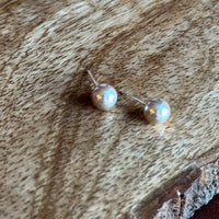 Pearl stud earrings on a wooden surface