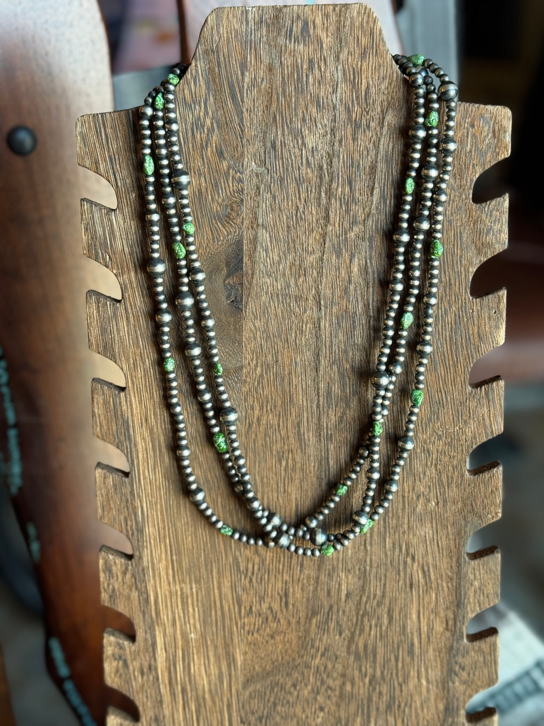 Triple Strand Sterling Pearl and Green Turquoise Nugget