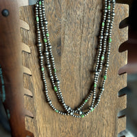 Triple Strand Sterling Pearl and Green Turquoise Nugget