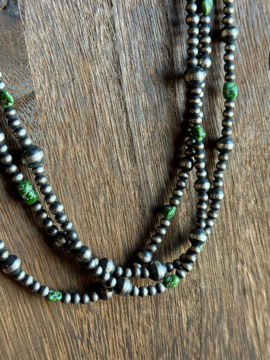Triple Strand Sterling Pearl and Green Turquoise Nugget