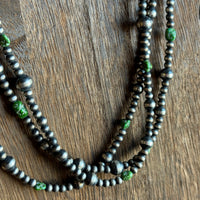 Triple Strand Sterling Pearl and Green Turquoise Nugget