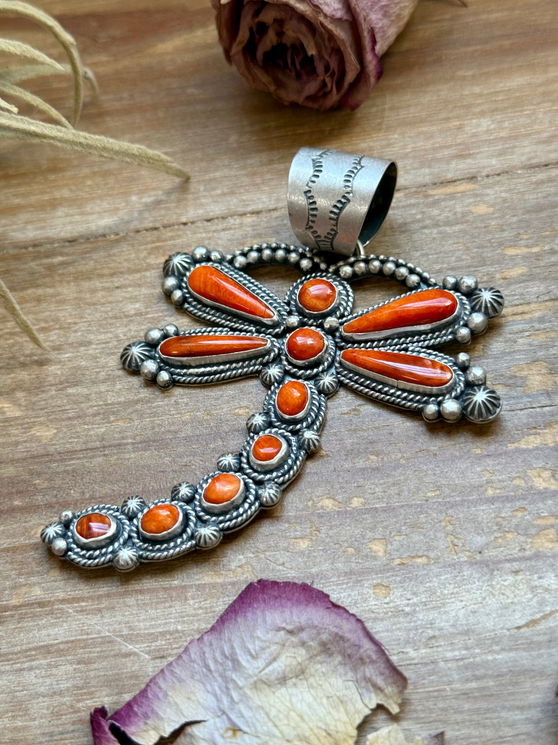 Sterling Silver Orange Spiny Oyster Dragonfly Pendant – Fits Up to 15 mm Beads – Artist Shay Pfeiffer