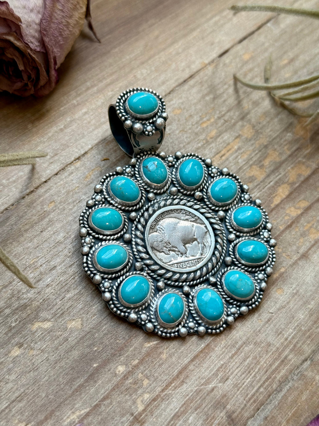 Sterling Silver Kingman Turquoise & Buffalo Nickel Cluster Pendant – Artist Shay Pfeiffer