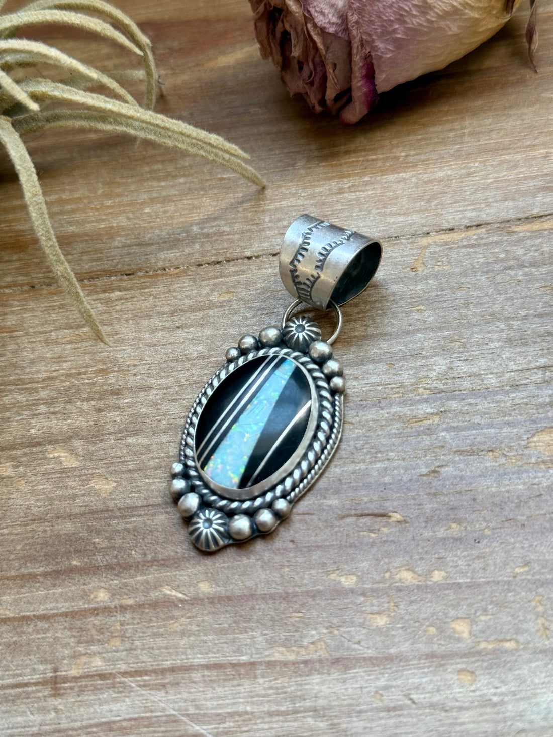 Sterling Silver Black Micarta & Lab Opal Inlay Pendant – Handmade by Artist Shay Pfeiffer