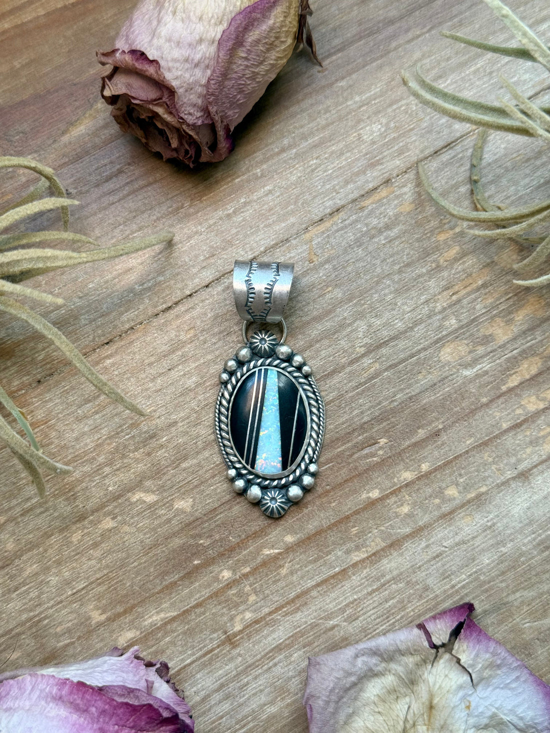 Sterling Silver Black Micarta & Lab Opal Inlay Pendant – Handmade by Artist Shay Pfeiffer