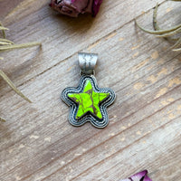 Sterling Silver Neon Green Wrangler Dahlia Star Pendant – Handmade by Artist Shay Pfeiffer