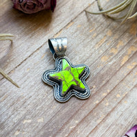 Sterling Silver Neon Green Wrangler Dahlia Star Pendant – Handmade by Artist Shay Pfeiffer