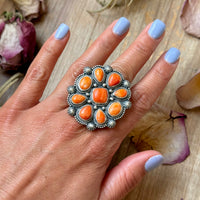 Sterling Silver Orange Spiny Oyster Mosaic Cluster Ring Size 7.5, Artist Shay Pfeiffer