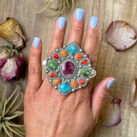 Mosaic Cluster Ring – Sterling Silver – Sonoran Mountain, Blue Ridge Turquoise & Spiny Oyster – Size 9 – Artist Shay Pfeiffer