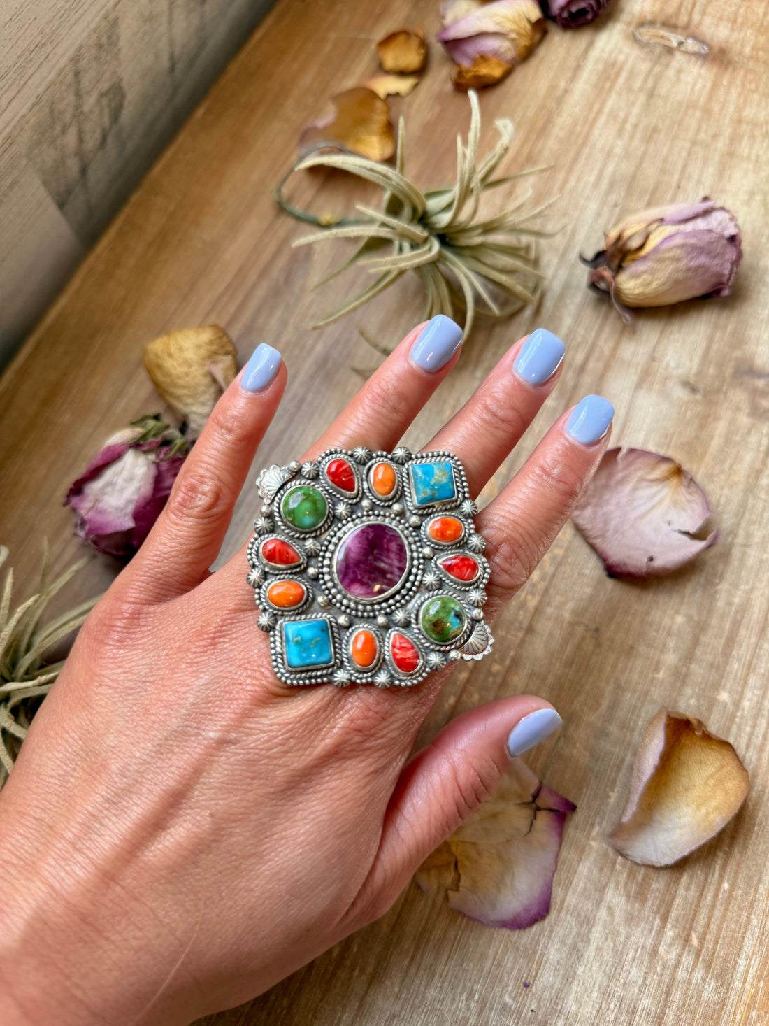 Mosaic Cluster Ring – Sterling Silver – Sonoran Mountain, Blue Ridge Turquoise & Spiny Oyster – Size 9 – Artist Shay Pfeiffer