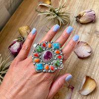 Mosaic Cluster Ring – Sterling Silver – Sonoran Mountain, Blue Ridge Turquoise & Spiny Oyster – Size 9 – Artist Shay Pfeiffer