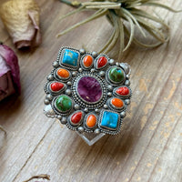 Mosaic Cluster Ring – Sterling Silver – Sonoran Mountain, Blue Ridge Turquoise & Spiny Oyster – Size 9 – Artist Shay Pfeiffer