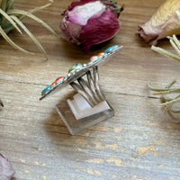 Mosaic Cluster Ring – Sterling Silver – Sonoran Mountain, Blue Ridge Turquoise & Spiny Oyster – Size 9 – Artist Shay Pfeiffer