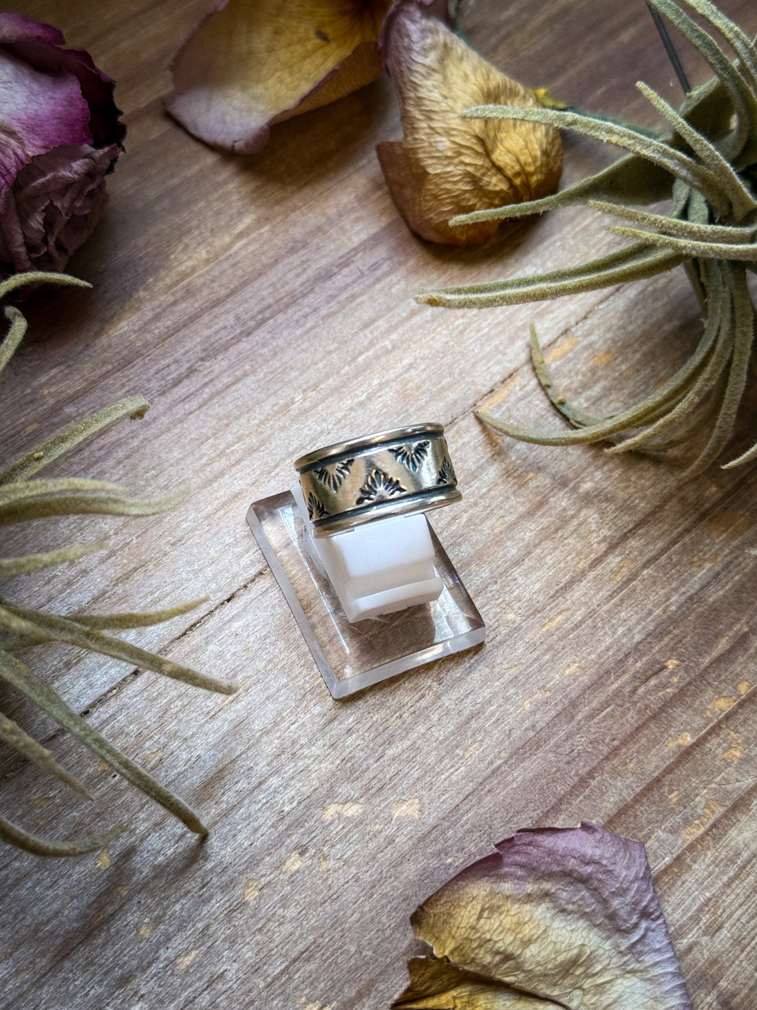 Sterling Silver Hand-Milled Wide Band Aloe Stamped Ring – Size 8.5 – Handmade by Artist Jason Ogg