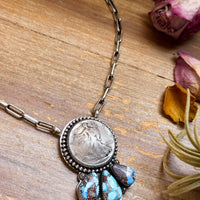 Sterling Silver Liberty Coin Necklace with Golden Hill Turquoise – 16” – 1945 Coin