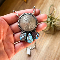 Sterling Silver Liberty Coin Necklace with Golden Hill Turquoise – 16” – 1945 Coin