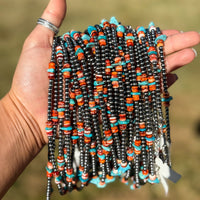 Sterling Silver Pearl Necklace with Orange Spiny Oyster & Sleeping Beauty Turquoise Chips – 14.5”
