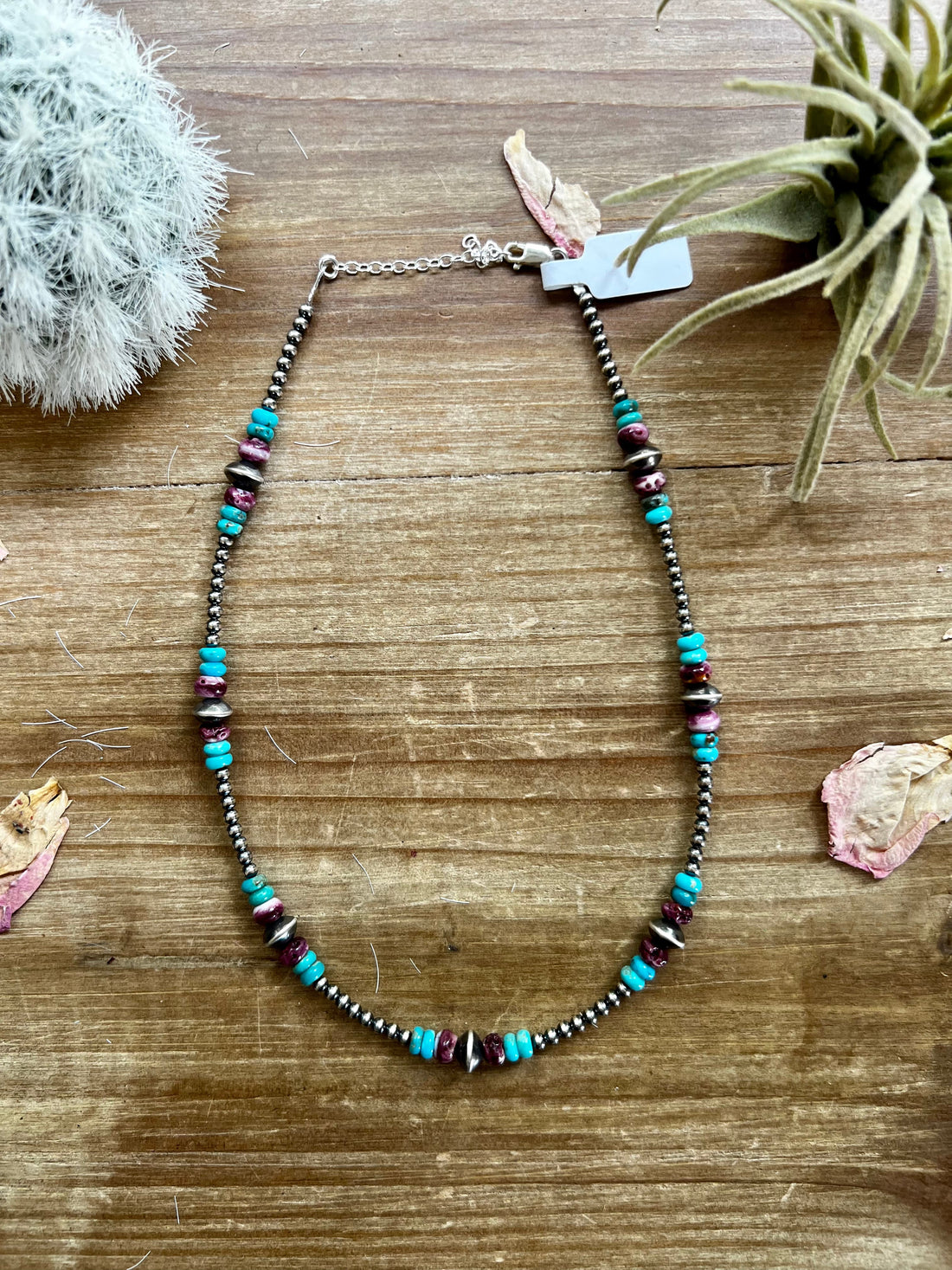 Sterling Silver Pearls choker with real turquoise and purple spiny oyster