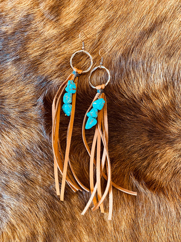 Leather Fringe Earrings with Turquoise Stones